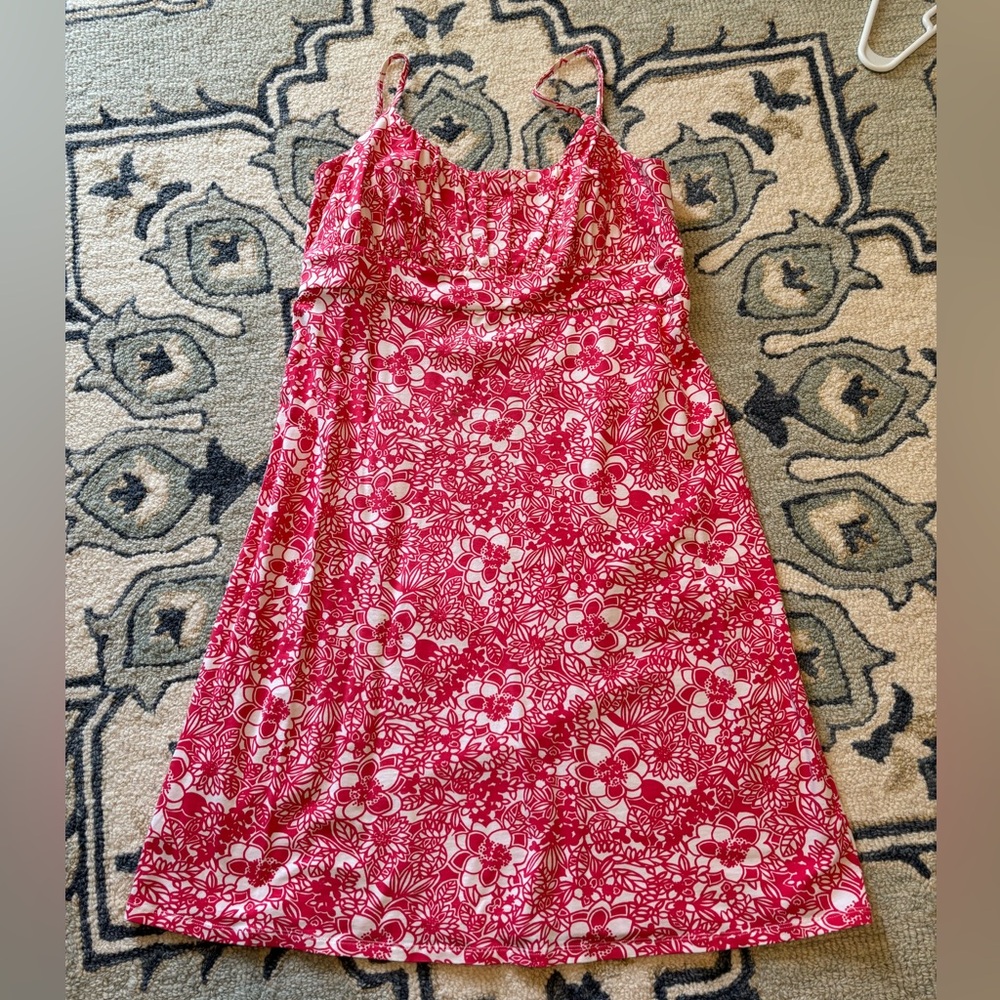 Fun melon and white floral summer dress.